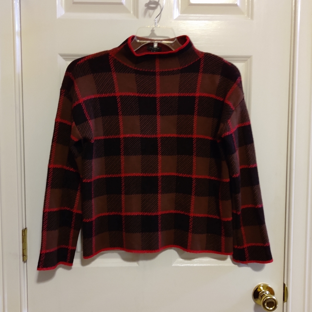 Ann Taylor Women's Brown Black Plaid Long Sleeve Sweater  Top  Size S